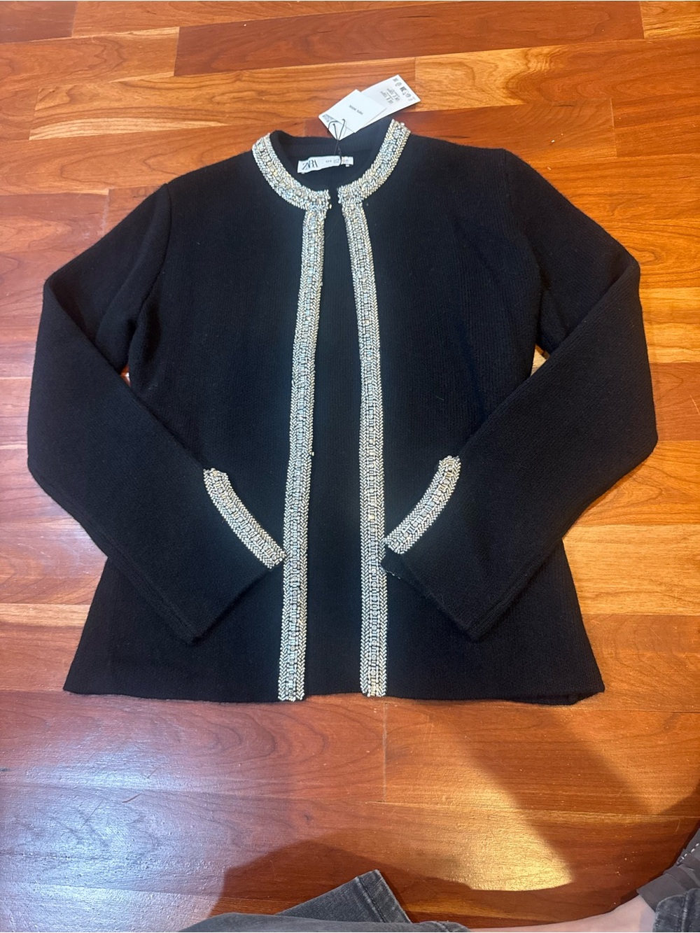 Zara Black Knit Jacket with Metallic Trim